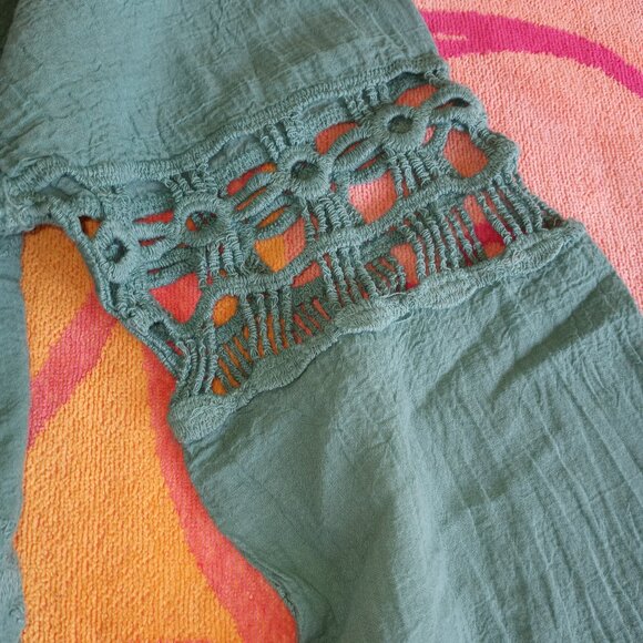 Trendy teal Boho open crochet top shirt cover up - Picture 7 of 15